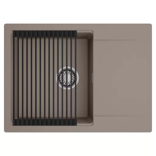 HD Onyx Tortora 68-XL egymedencés mosogatótálca szett, matt fekete csepegtetőráccsal, csepegtetőtálcával, tortora színben, szálcsiszolt króm leeresztő szifonnal