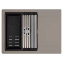 HD Onyx Tortora 68-XL egymedencés mosogatótálca szett, acél csepegtetőráccsal és matt fekete kosárral, csepegtetőtálcával, tortora színben, szálcsiszolt króm leeresztő szifonnal