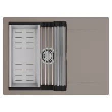 HD Onyx Tortora 68-XL egymedencés mosogatótálca szett, acél csepegtetőráccsal és kosárral, csepegtetőtálcával, tortora színben, szálcsiszolt króm leeresztő szifonnal