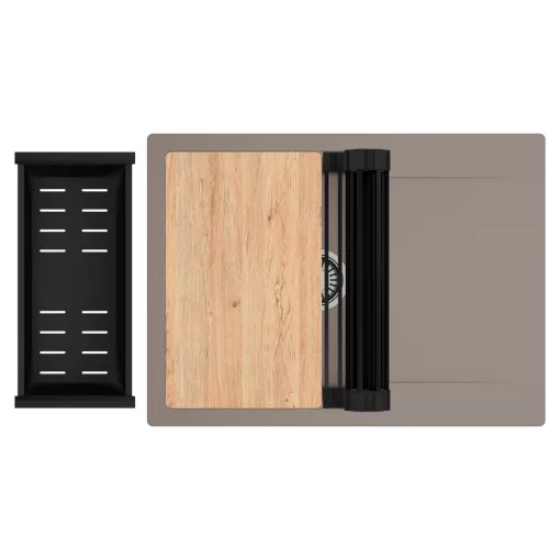 HD Onyx Tortora 68-XL egymedencés gránit mosogatótálca szett, csepegtetőtálcával, vágódeszkával, matt fekete csepegtetőráccsal és kosárral, tortora színben, szálcsiszolt króm leeresztő szifonnal