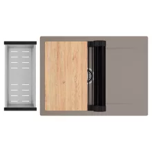 HD Onyx Tortora 68-XL egymedencés gránit mosogatótálca szett, csepegtetőtálcával, vágódeszkával, matt fekete csepegtetőráccsal és krómozott kosárral, tortora színben, szálcsiszolt króm leeresztő szifonnal