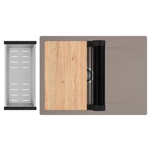 HD Onyx Tortora 68-XL egymedencés gránit mosogatótálca szett, csepegtetőtálcával, vágódeszkával, matt fekete csepegtetőráccsal és krómozott kosárral, tortora színben, szálcsiszolt króm leeresztő szifonnal