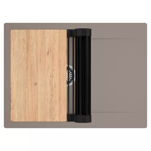 HD Onyx Tortora 68-XL egymedencés gránit mosogatótálca szett, csepegtetőtálcával, vágódeszkával, matt fekete csepegtetőráccsal, tortora színben, szálcsiszolt króm leeresztő szifonnal