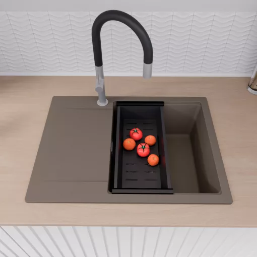 HD Onyx Tortora 68-XL egymedencés gránit mosogatótálca szett, csepegtetőtálcával, vágódeszkával, acél csepegtetőráccsal és matt fekete kosárral, tortora színben, szálcsiszolt króm leeresztő szifonnal