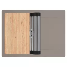 HD Onyx Tortora 68-XL egymedencés gránit mosogatótálca szett, csepegtetőtálcával, vágódeszkával, acél csepegtetőráccsal, tortora színben, szálcsiszolt króm leeresztő szifonnal