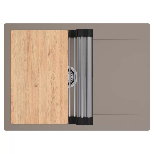 HD Onyx Tortora 68-XL egymedencés gránit mosogatótálca szett, csepegtetőtálcával, vágódeszkával, acél csepegtetőráccsal, tortora színben, szálcsiszolt króm leeresztő szifonnal