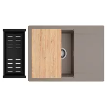 HD Onyx Tortora 68-XL egymedencés gránit mosogatótálca szett, csepegtetőtálcával, vágódeszkával, matt fekete csepegtetőkosárral, tortora színben, szálcsiszolt króm leeresztő szifonnal