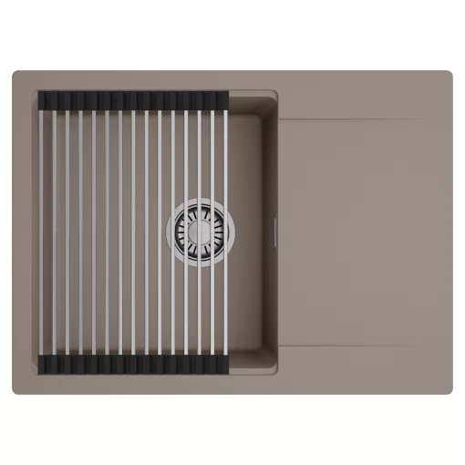 HD Onyx Tortora 68-XL egymedencés mosogatótálca szett, acél csepegtetőráccsal, csepegtetőtálcával, tortora színben, szálcsiszolt króm leeresztő szifonnal