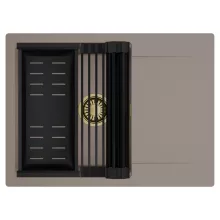 HD Onyx Tortora 68-XL egymedencés mosogatótálca szett, matt fekete csepegtetőráccsal és kosárral, csepegtetőtálcával, tortora színben, szálcsiszolt arany leeresztő szifonnal