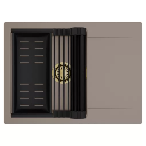 HD Onyx Tortora 68-XL egymedencés mosogatótálca szett, matt fekete csepegtetőráccsal és kosárral, csepegtetőtálcával, tortora színben, szálcsiszolt arany leeresztő szifonnal