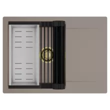 HD Onyx Tortora 68-XL egymedencés mosogatótálca szett, matt fekete csepegtetőráccsal és krómozott kosárral, csepegtetőtálcával, tortora színben, szálcsiszolt arany leeresztő szifonnal