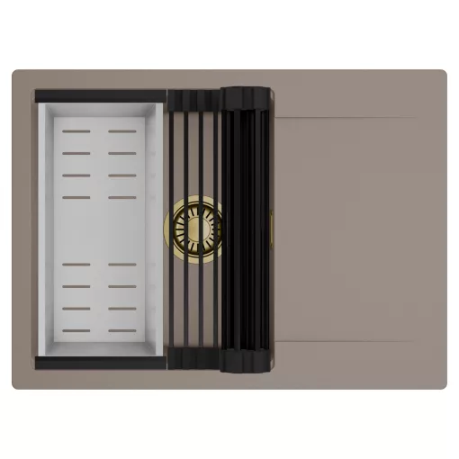 HD Onyx Tortora 68-XL egymedencés mosogatótálca szett, matt fekete csepegtetőráccsal és krómozott kosárral, csepegtetőtálcával, tortora színben, szálcsiszolt arany leeresztő szifonnal