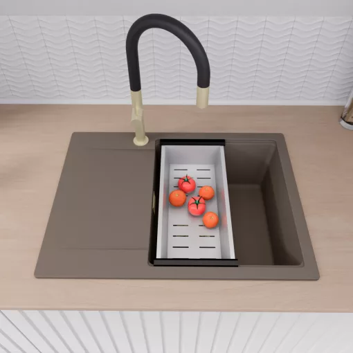 HD Onyx Tortora 68-XL egymedencés mosogatótálca szett, matt fekete csepegtetőráccsal és krómozott kosárral, csepegtetőtálcával, tortora színben, szálcsiszolt arany leeresztő szifonnal