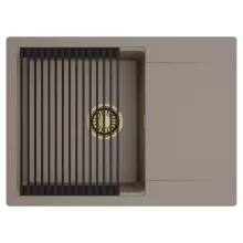 HD Onyx Tortora 68-XL egymedencés mosogatótálca szett, matt fekete csepegtetőráccsal, csepegtetőtálcával, tortora színben, szálcsiszolt arany leeresztő szifonnal