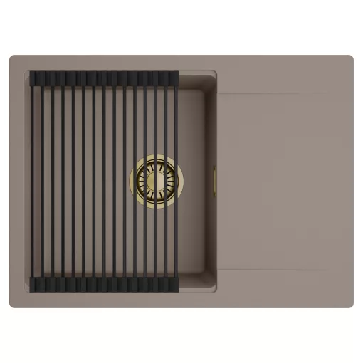 HD Onyx Tortora 68-XL egymedencés mosogatótálca szett, matt fekete csepegtetőráccsal, csepegtetőtálcával, tortora színben, szálcsiszolt arany leeresztő szifonnal