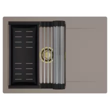 HD Onyx Tortora 68-XL egymedencés mosogatótálca szett, acél csepegtetőráccsal és matt fekete kosárral, csepegtetőtálcával, tortora színben, szálcsiszolt arany leeresztő szifonnal