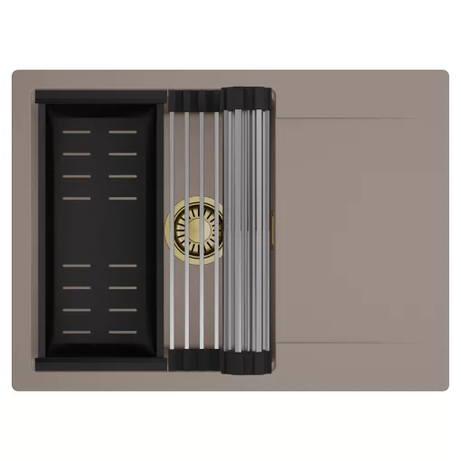 HD Onyx Tortora 68-XL egymedencés mosogatótálca szett, acél csepegtetőráccsal és matt fekete kosárral, csepegtetőtálcával, tortora színben, szálcsiszolt arany leeresztő szifonnal