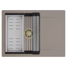 HD Onyx Tortora 68-XL egymedencés mosogatótálca szett, acél csepegtetőráccsal és kosárral, csepegtetőtálcával, tortora színben, szálcsiszolt arany leeresztő szifonnal