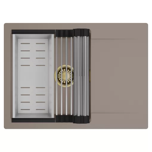 HD Onyx Tortora 68-XL egymedencés mosogatótálca szett, acél csepegtetőráccsal és kosárral, csepegtetőtálcával, tortora színben, szálcsiszolt arany leeresztő szifonnal