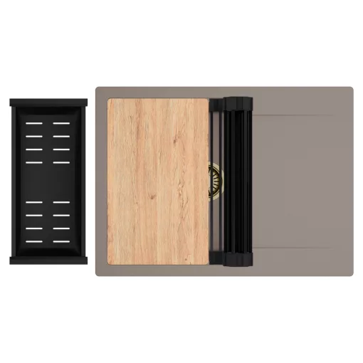 HD Onyx Tortora 68-XL egymedencés gránit mosogatótálca szett, csepegtetőtálcával, vágódeszkával, matt fekete csepegtetőráccsal és kosárral, tortora színben, szálcsiszolt arany leeresztő szifonnal