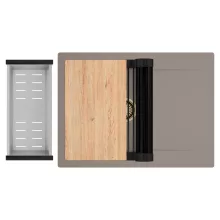 HD Onyx Tortora 68-XL egymedencés gránit mosogatótálca szett, csepegtetőtálcával, vágódeszkával, matt fekete csepegtetőráccsal és krómozott kosárral, tortora színben, szálcsiszolt arany leeresztő szifonnal