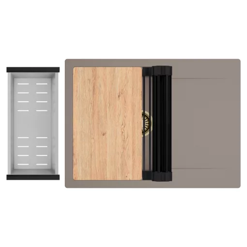 HD Onyx Tortora 68-XL egymedencés gránit mosogatótálca szett, csepegtetőtálcával, vágódeszkával, matt fekete csepegtetőráccsal és krómozott kosárral, tortora színben, szálcsiszolt arany leeresztő szifonnal