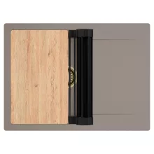 HD Onyx Tortora 68-XL egymedencés gránit mosogatótálca szett, csepegtetőtálcával, vágódeszkával, matt fekete csepegtetőráccsal, tortora színben, szálcsiszolt arany leeresztő szifonnal