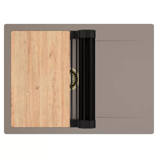 HD Onyx Tortora 68-XL egymedencés gránit mosogatótálca szett, csepegtetőtálcával, vágódeszkával, matt fekete csepegtetőráccsal, tortora színben, szálcsiszolt arany leeresztő szifonnal