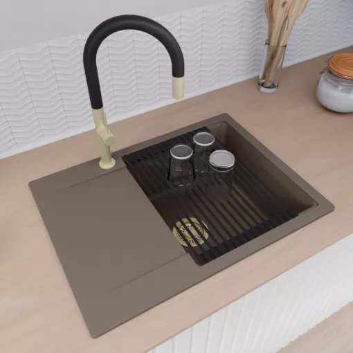 HD Onyx Tortora 68-XL egymedencés gránit mosogatótálca szett, csepegtetőtálcával, vágódeszkával, matt fekete csepegtetőráccsal, tortora színben, szálcsiszolt arany leeresztő szifonnal