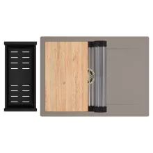 HD Onyx Tortora 68-XL egymedencés gránit mosogatótálca szett, csepegtetőtálcával, vágódeszkával, acél csepegtetőráccsal és matt fekete kosárral, tortora színben, szálcsiszolt arany leeresztő szifonnal