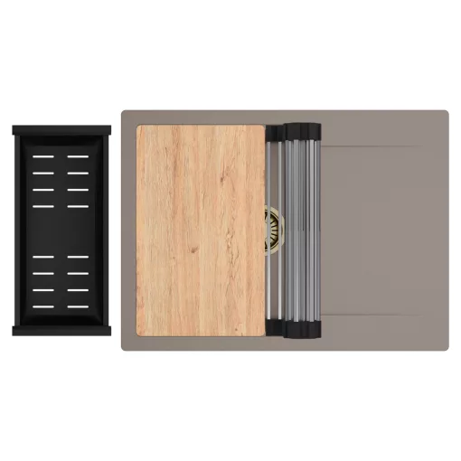 HD Onyx Tortora 68-XL egymedencés gránit mosogatótálca szett, csepegtetőtálcával, vágódeszkával, acél csepegtetőráccsal és matt fekete kosárral, tortora színben, szálcsiszolt arany leeresztő szifonnal