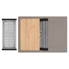 HD Onyx Tortora 68-XL egymedencés gránit mosogatótálca szett, csepegtetőtálcával, vágódeszkával, acél csepegtetőráccsal és kosárral, tortora színben, szálcsiszolt arany leeresztő szifonnal