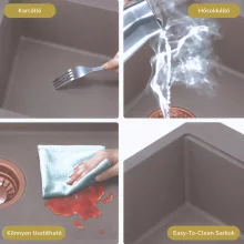 HD Onyx Tortora 68-XL egymedencés gránit mosogatótálca szett, csepegtetőtálcával, vágódeszkával, acél csepegtetőráccsal és kosárral, tortora színben, szálcsiszolt arany leeresztő szifonnal