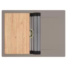 HD Onyx Tortora 68-XL egymedencés gránit mosogatótálca szett, csepegtetőtálcával, vágódeszkával, acél csepegtetőráccsal, tortora színben, szálcsiszolt arany leeresztő szifonnal