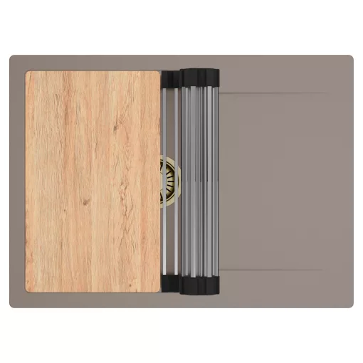 HD Onyx Tortora 68-XL egymedencés gránit mosogatótálca szett, csepegtetőtálcával, vágódeszkával, acél csepegtetőráccsal, tortora színben, szálcsiszolt arany leeresztő szifonnal