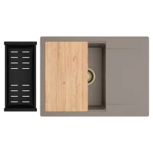 HD Onyx Tortora 68-XL egymedencés gránit mosogatótálca szett, csepegtetőtálcával, vágódeszkával, matt fekete csepegtetőkosárral, tortora színben, szálcsiszolt arany leeresztő szifonnal