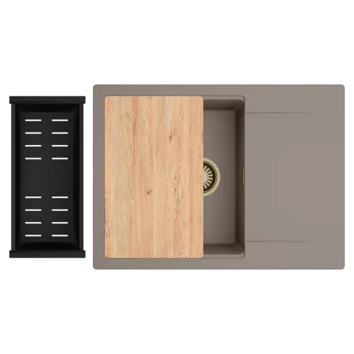 HD Onyx Tortora 68-XL egymedencés gránit mosogatótálca szett, csepegtetőtálcával, vágódeszkával, matt fekete csepegtetőkosárral, tortora színben, szálcsiszolt arany leeresztő szifonnal