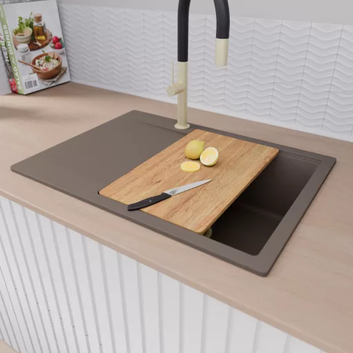 HD Onyx Tortora 68-XL egymedencés gránit mosogatótálca szett, csepegtetőtálcával, vágódeszkával, matt fekete csepegtetőkosárral, tortora színben, szálcsiszolt arany leeresztő szifonnal