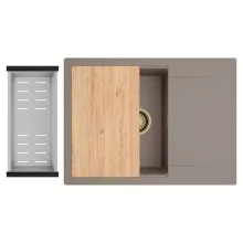 HD Onyx Tortora 68-XL egymedencés gránit mosogatótálca szett, csepegtetőtálcával, vágódeszkával, acél csepegtetőkosárral, tortora színben, szálcsiszolt arany leeresztő szifonnal