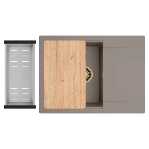 HD Onyx Tortora 68-XL egymedencés gránit mosogatótálca szett, csepegtetőtálcával, vágódeszkával, acél csepegtetőkosárral, tortora színben, szálcsiszolt arany leeresztő szifonnal