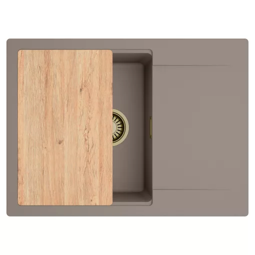 HD Onyx Tortora 68-XL egymedencés gránit mosogatótálca, vágódeszkával, tortora színben, szálcsiszolt arany leeresztő szifonnal