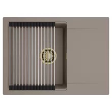 HD Onyx Tortora 68-XL egymedencés mosogatótálca szett, acél csepegtetőráccsal, csepegtetőtálcával, tortora színben, szálcsiszolt arany leeresztő szifonnal