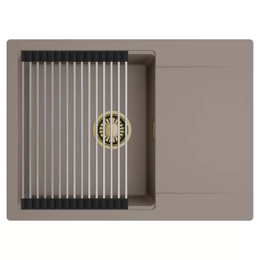 HD Onyx Tortora 68-XL egymedencés mosogatótálca szett, acél csepegtetőráccsal, csepegtetőtálcával, tortora színben, szálcsiszolt arany leeresztő szifonnal