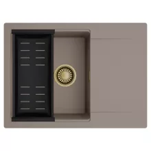 HD Onyx Tortora 68-XL egymedencés mosogatótálca szett, matt fekete csepegtetőkosárral, csepegtetőtálcával, tortora színben, szálcsiszolt arany leeresztő szifonnal