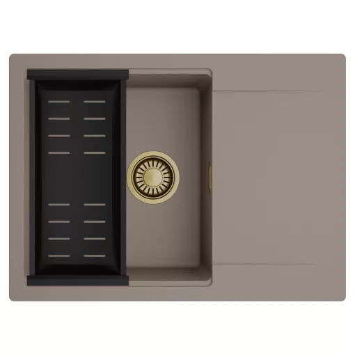 HD Onyx Tortora 68-XL egymedencés mosogatótálca szett, matt fekete csepegtetőkosárral, csepegtetőtálcával, tortora színben, szálcsiszolt arany leeresztő szifonnal