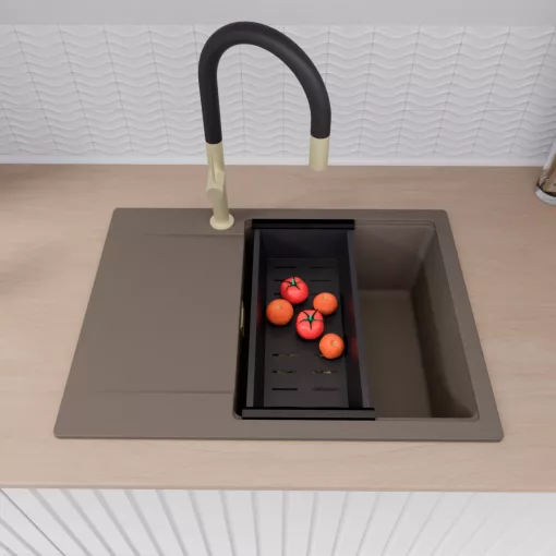 HD Onyx Tortora 68-XL egymedencés mosogatótálca szett, matt fekete csepegtetőkosárral, csepegtetőtálcával, tortora színben, szálcsiszolt arany leeresztő szifonnal