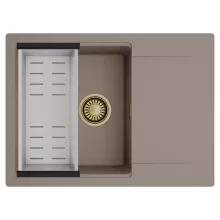 HD Onyx Tortora 68-XL egymedencés mosogatótálca szett, acél csepegtetőkosárral, csepegtetőtálcával, tortora színben, szálcsiszolt arany leeresztő szifonnal