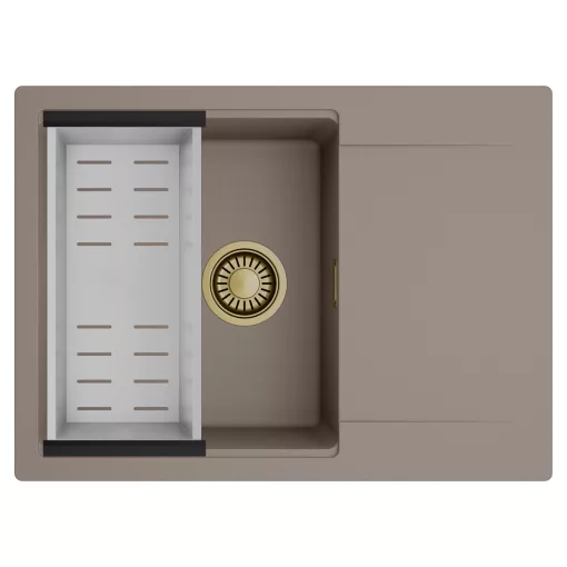 HD Onyx Tortora 68-XL egymedencés mosogatótálca szett, acél csepegtetőkosárral, csepegtetőtálcával, tortora színben, szálcsiszolt arany leeresztő szifonnal