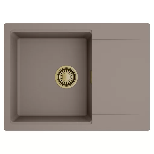 HD Onyx Tortora 68-XL egymedencés mosogatótálca, csepegtetőtálcával, tortora színben, szálcsiszolt arany leeresztő szifonnal