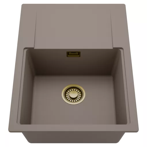 HD Onyx Tortora 68-XL egymedencés mosogatótálca, csepegtetőtálcával, tortora színben, szálcsiszolt arany leeresztő szifonnal